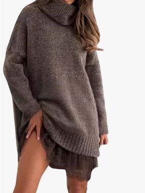 Women's Gray Cowl Neck Oversized Sweater Tunic